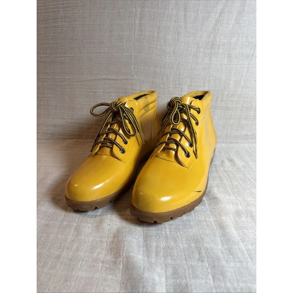 Lands' End Rain Boots Sz Woman 9/10 Yellow Rubber Ankle Lace Up Waterproof‎ Duck